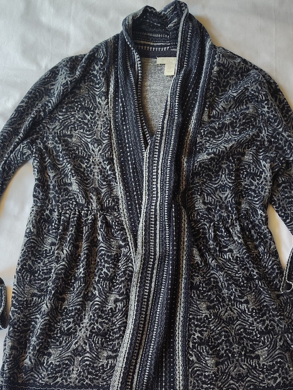 Saint Tropez West Black and Gray Patterned Shawl Collar Cardigan EUC Medium